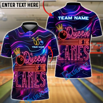 BlueJose Bowling Neon Queen of the Lanes Personalized Name, Team Name 3D Shirt