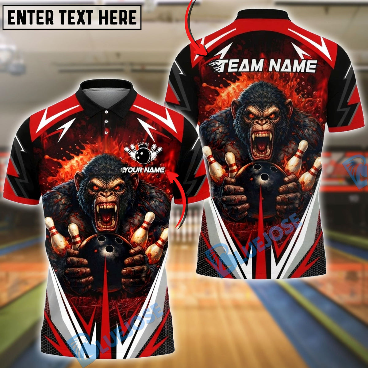 BlueJose Bowling &amp; Pins Angry Gorilla Fire Customized Name, Team Name 3D Shirt (4 Colors)