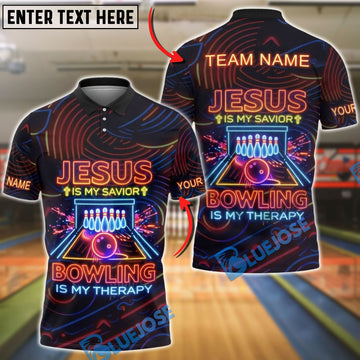 BlueJose Bowling Neon Jesus Savior Faith Bowling Therapy Personalized Name, Team Name 3D Shirt