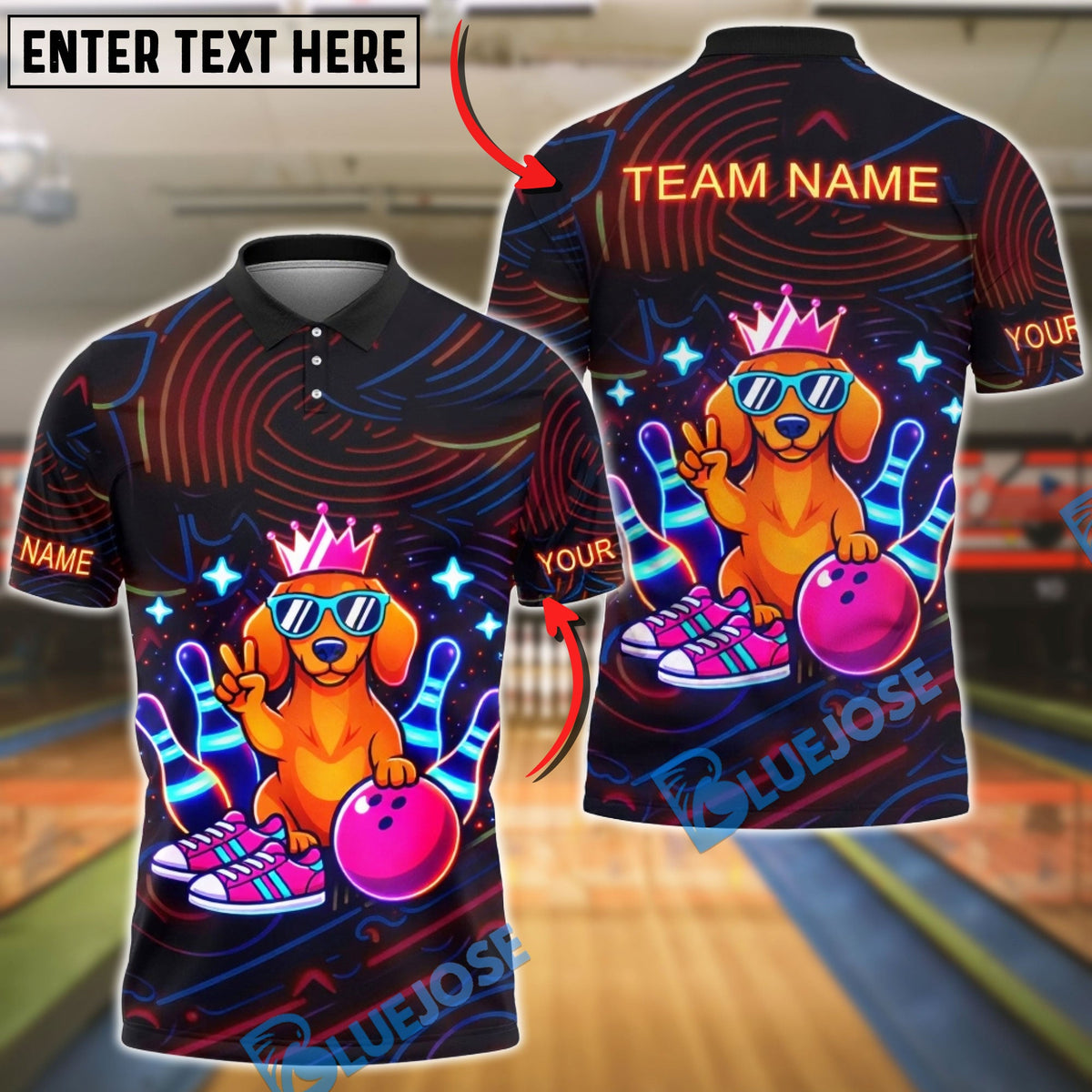 BlueJose Bowling Neon Cool Dachshund Dog King Funny Personalized Name, Team Name 3D Shirt