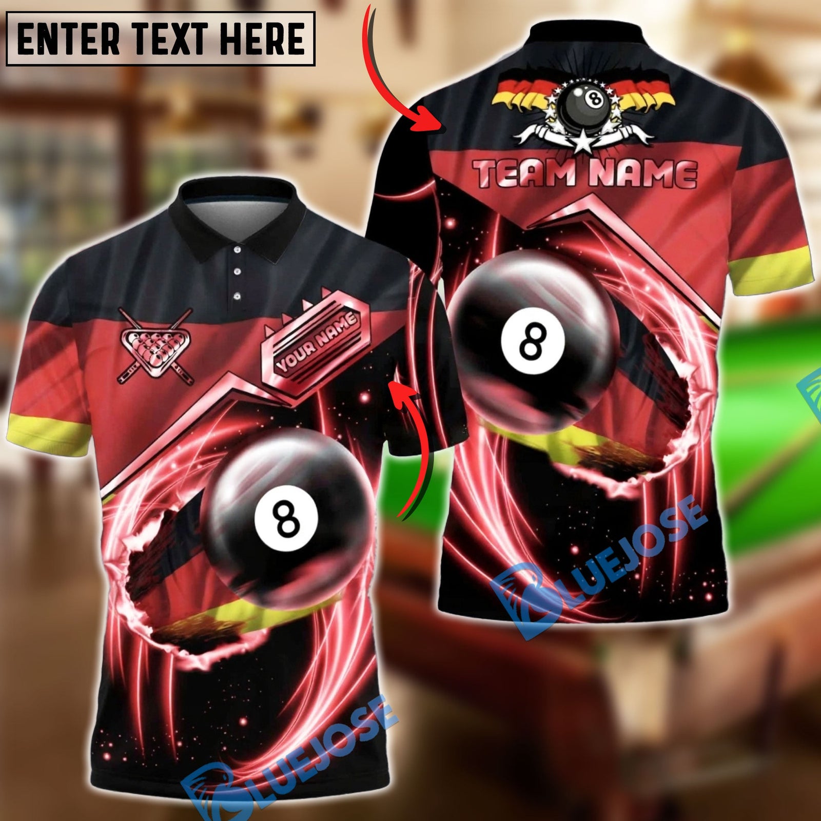 BlueJose Billiards Germany Flag 8 Ball Red Lightning Swirl Personalized Shirt