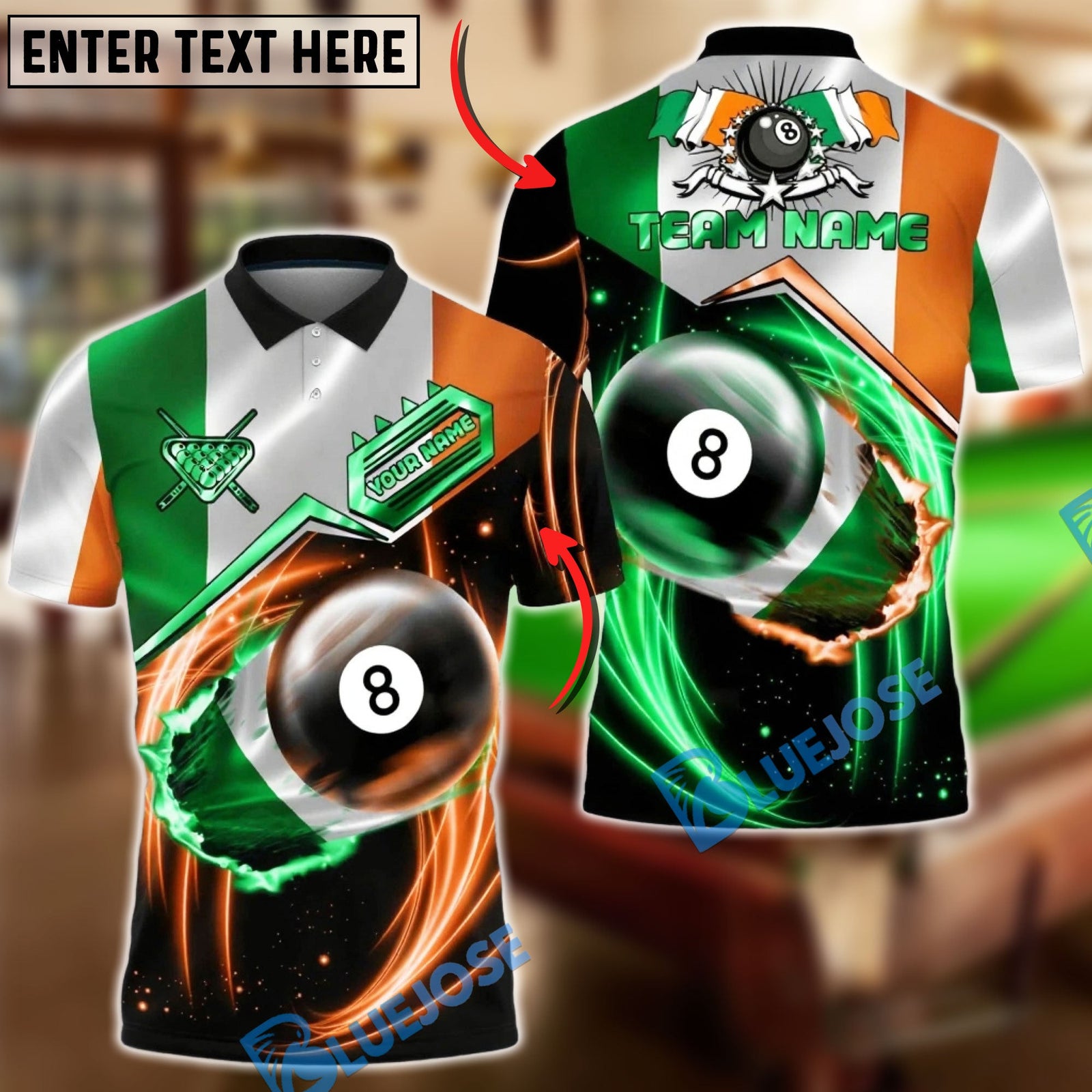 BlueJose Billiards Ireland Flag 8 Ball Green Energy Swirl Personalized Shirt