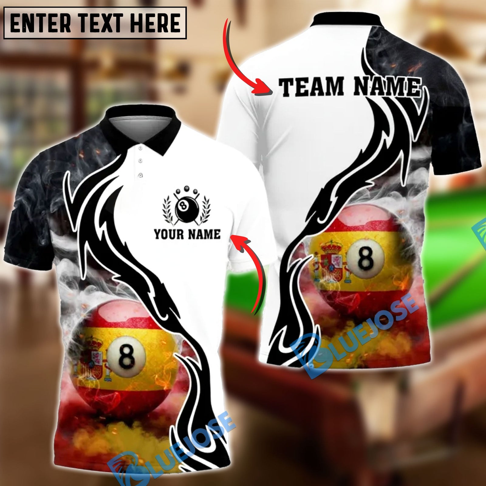 BlueJose Billiards 8 Ball Spain Flag Smoke Personalized Shirt