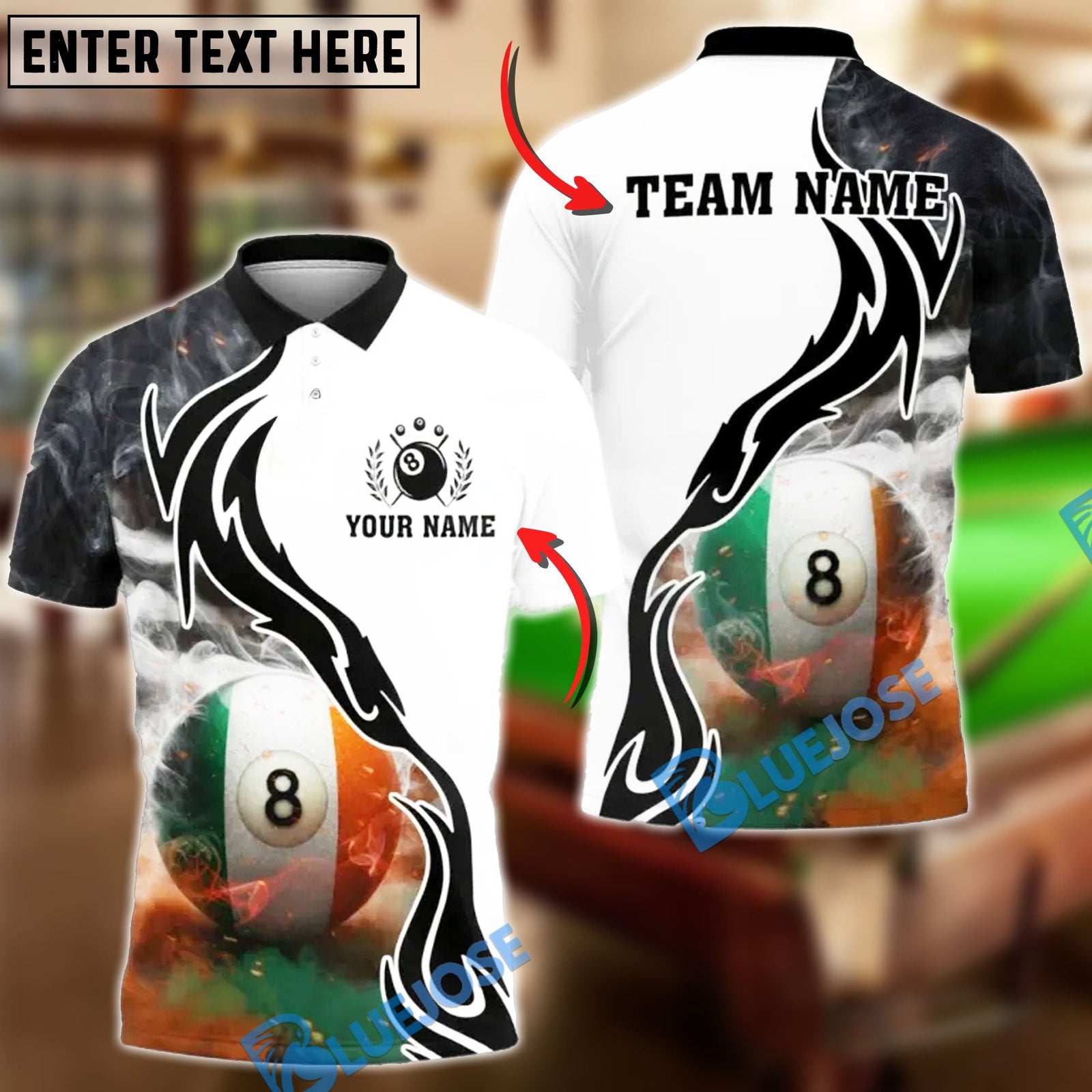 BlueJose Billiards 8 Ball Ireland Flag Smoke Personalized Shirt