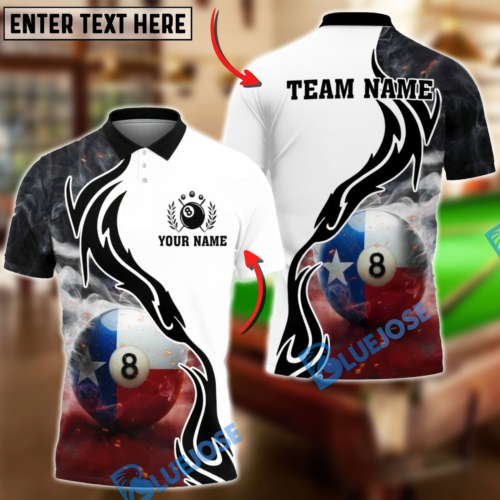 BlueJose Billiards 8 Ball Texas Flag Smoke Personalized Shirt