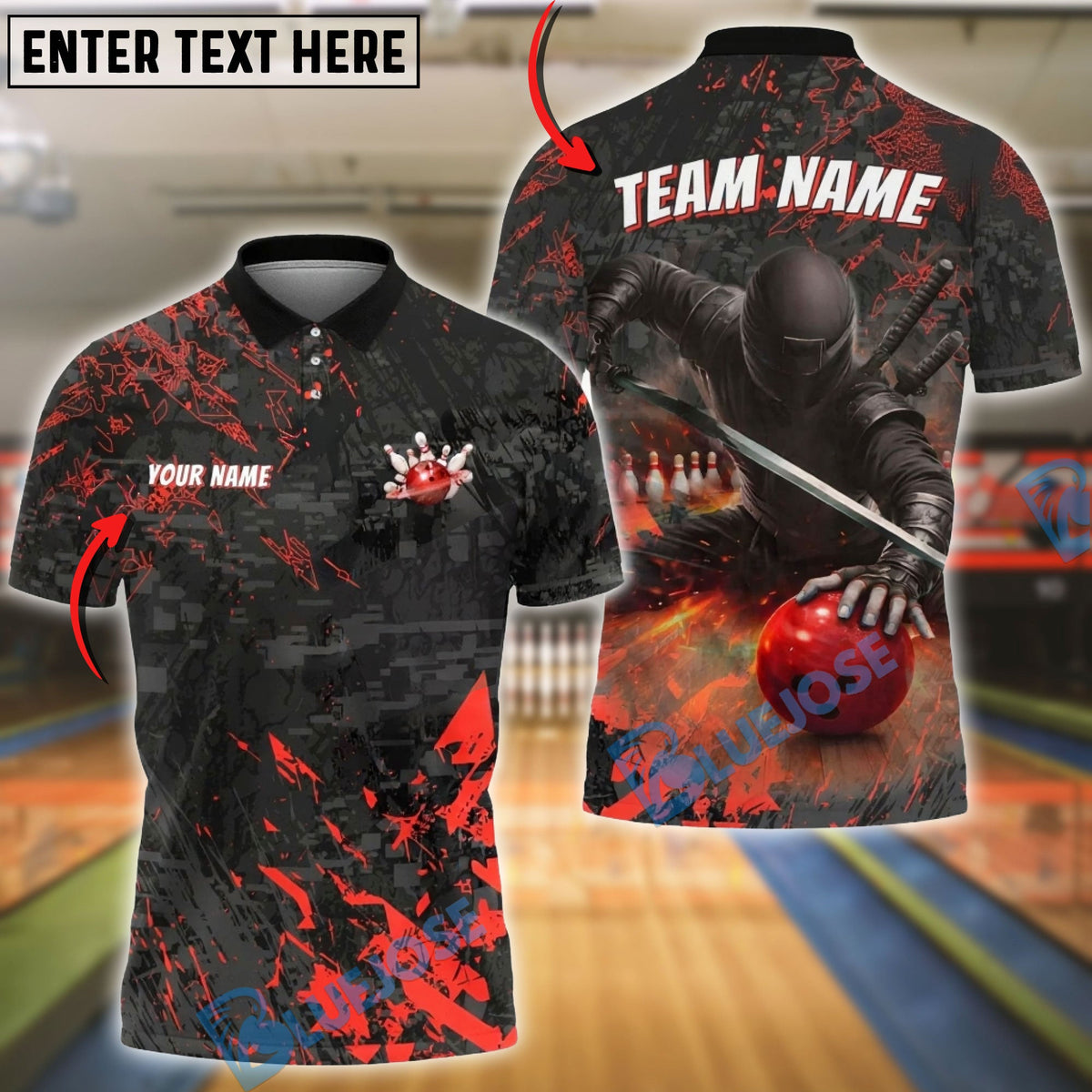 BlueJose Bowling &amp; Pins Shadow Ninja Customized Name, Team Name 3D Shirt (4 Colors)