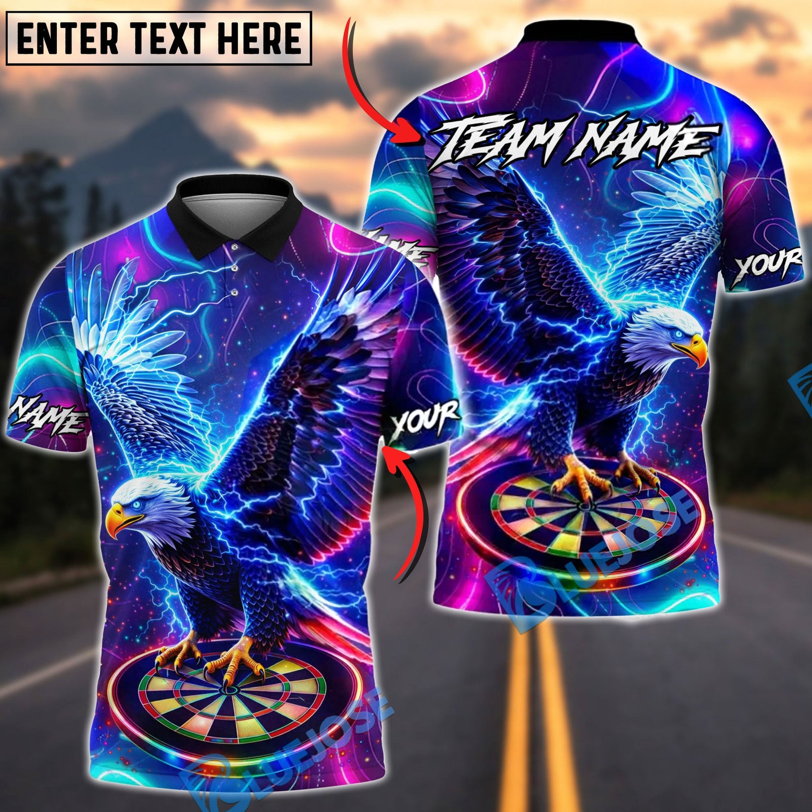 BlueJose Darts Lightning Eagle Neon Dartboard Personalized Name Shirt