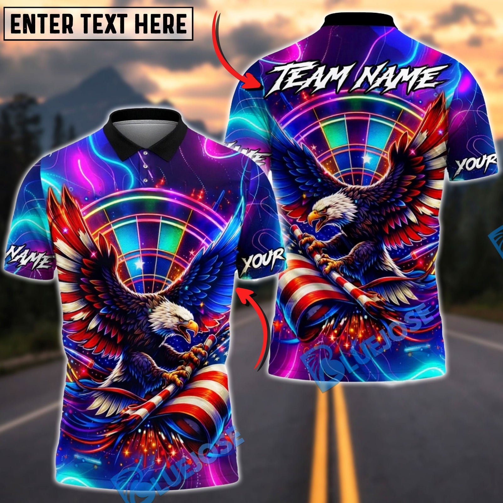 BlueJose Darts Patriotic Neon Eagle Dartboard Personalized Name Shirt