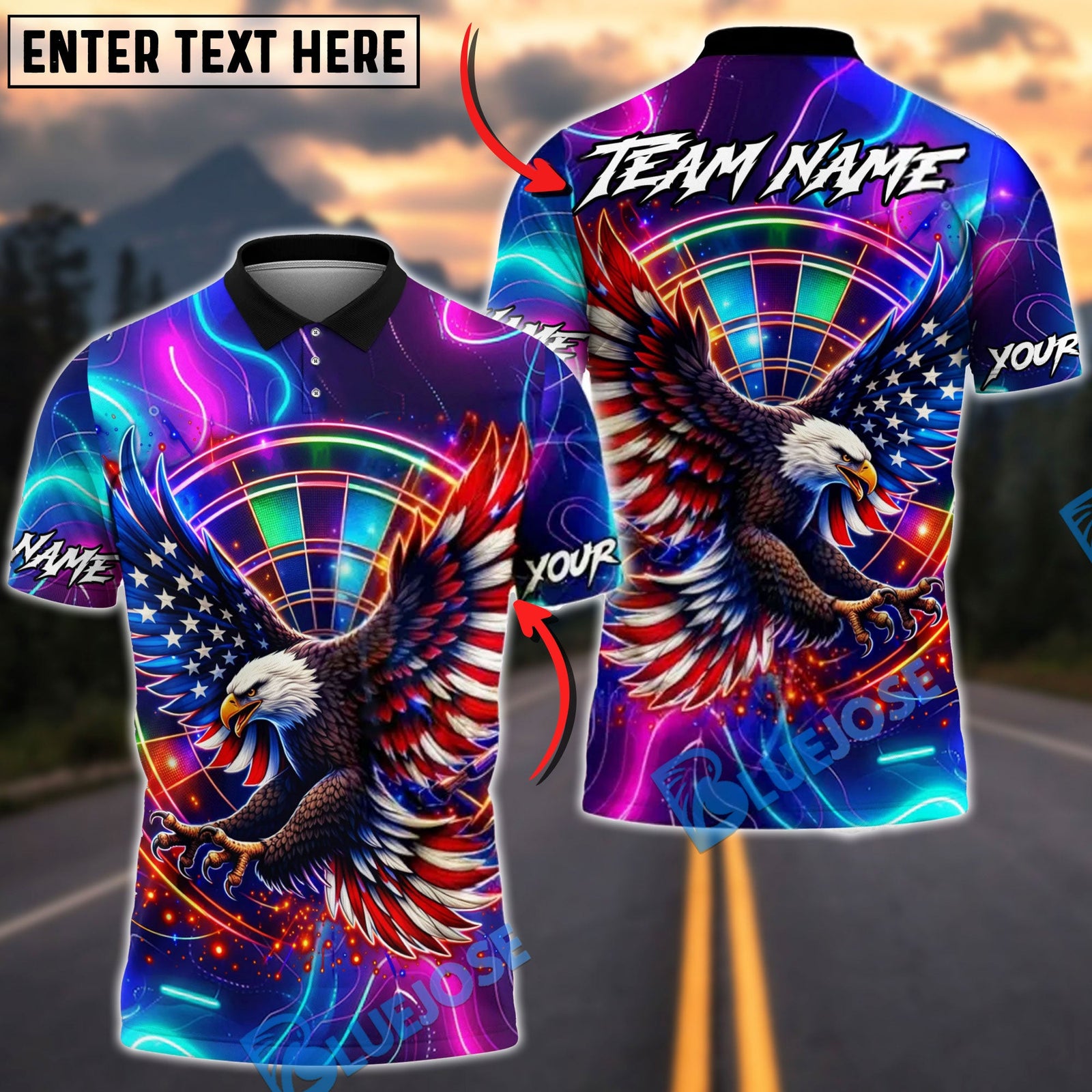 BlueJose Darts USA Freedom Eagle Neon Dartboard Personalized Name Shirt