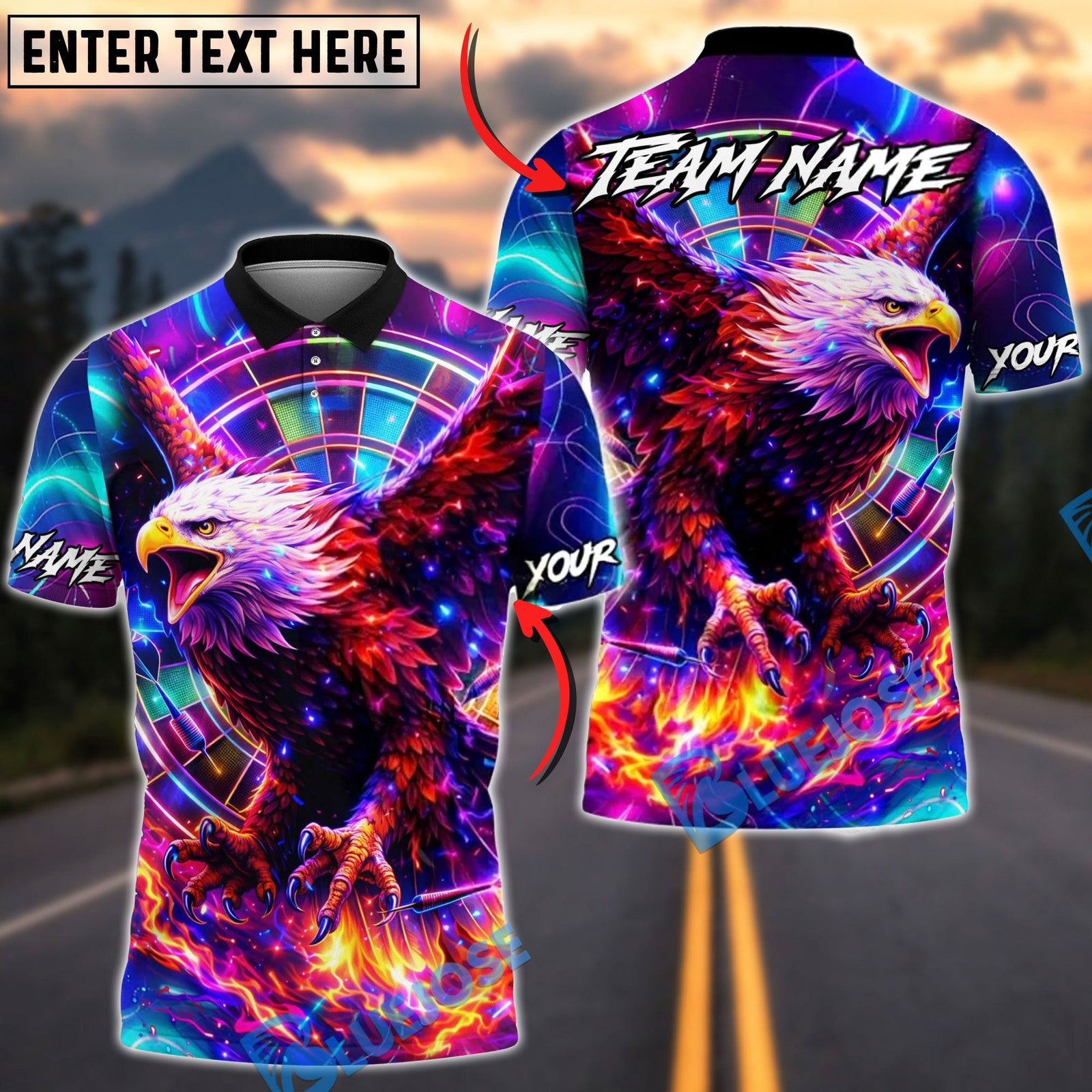 BlueJose Darts Flaming Neon Eagle Dartboard Personalized Name Shirt