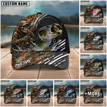 BlueJose Fishing Skull Angler Orange Camo Personalized Name Classic 3D Cap (13 Breeds)