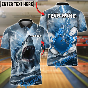 BlueJose Bowling And Pins Shark and Lightning Customized Name, Team Name 3D Shirt (4 Colors)