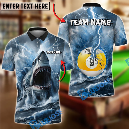 BlueJose Billiards 9 Ball Shark and Lightning Personalized Name, Team Name Unisex Shirt (4 Colors)