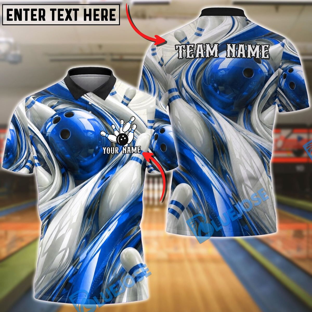 BlueJose Bowling And Pins Abstract Fluid White Customized Name, Team Name 3D Shirt (4 Colors)