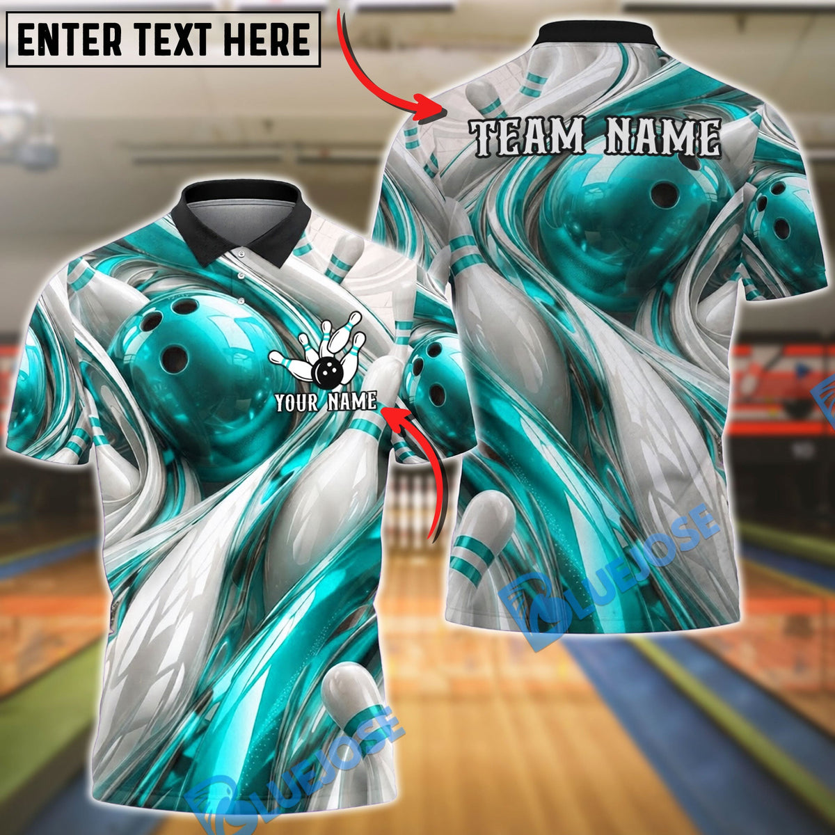 BlueJose Bowling And Pins Abstract Fluid White Customized Name, Team Name 3D Shirt (4 Colors)