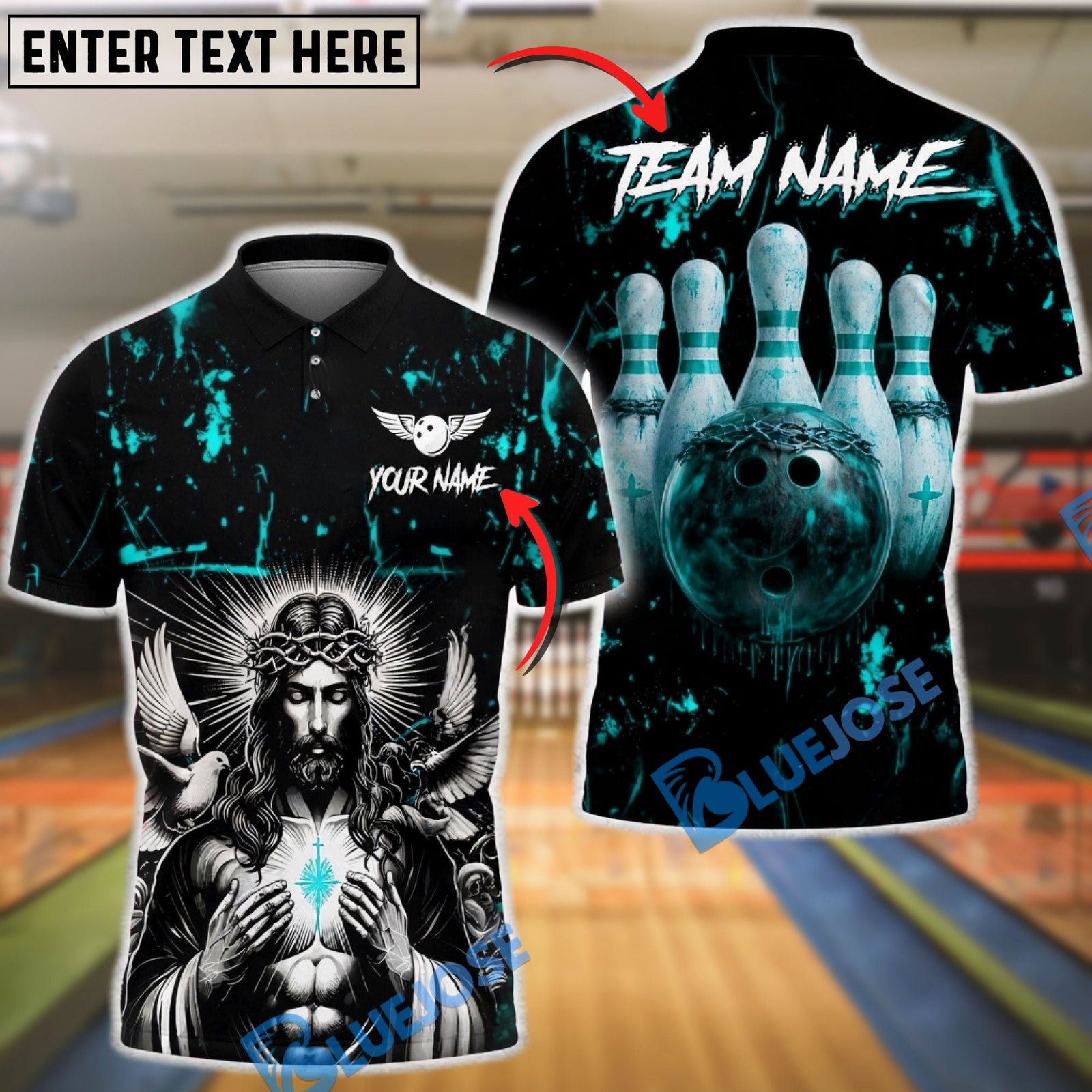 BlueJose Bowling And Pins Sacred Jesus Christ Blood Customized Name, Team Name 3D Shirt (4 Colors)