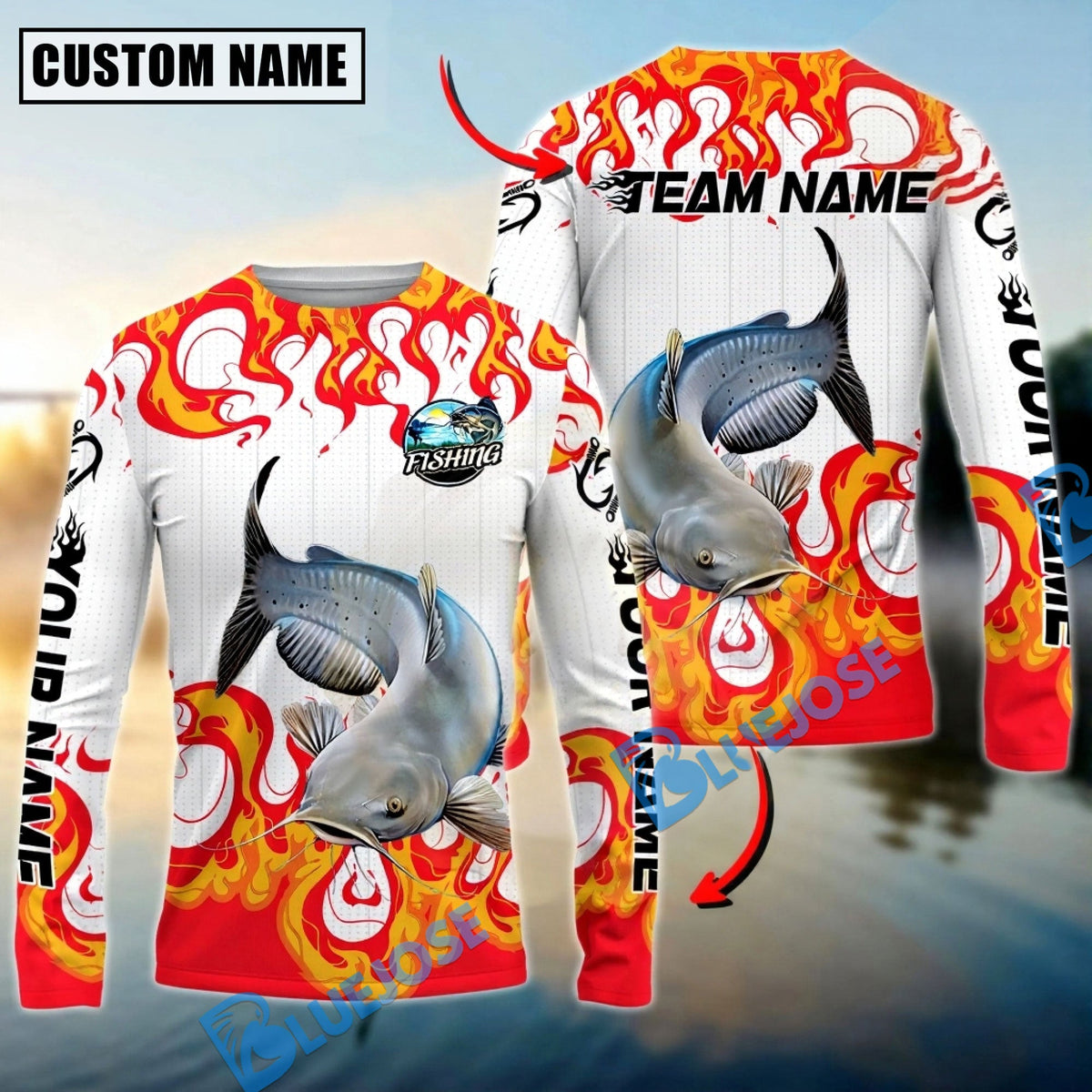 Bluejose Catfish Fishing Burning White Custom Name &amp; Team Name 3D Shirts