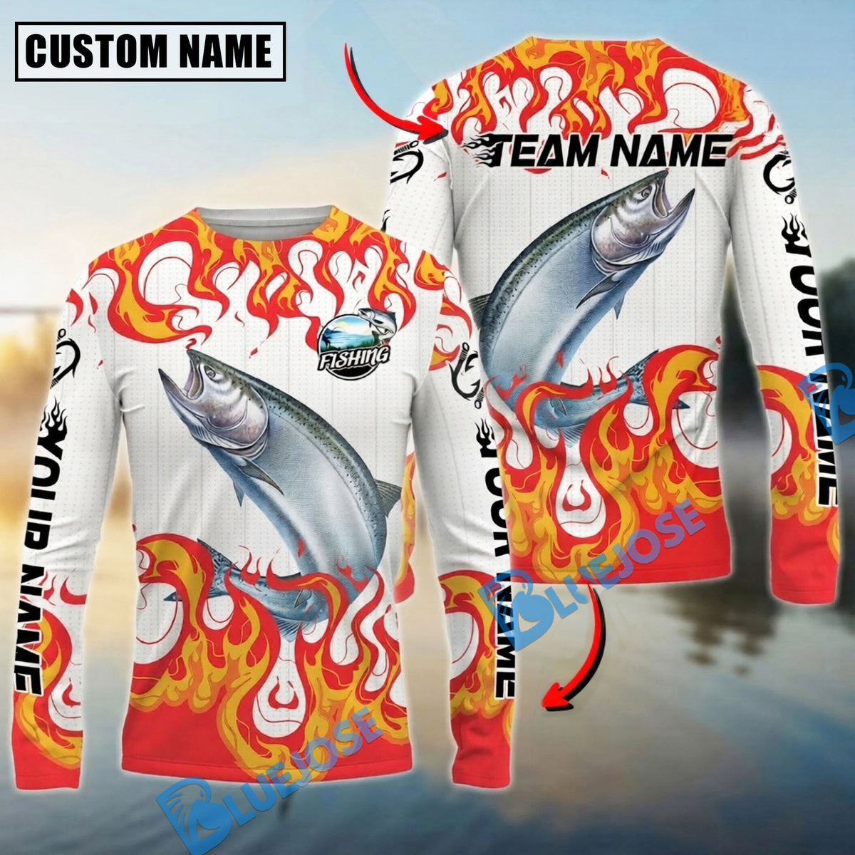 Bluejose Chinook Salmon Fishing Burning White Custom Name &amp; Team Name 3D Shirts