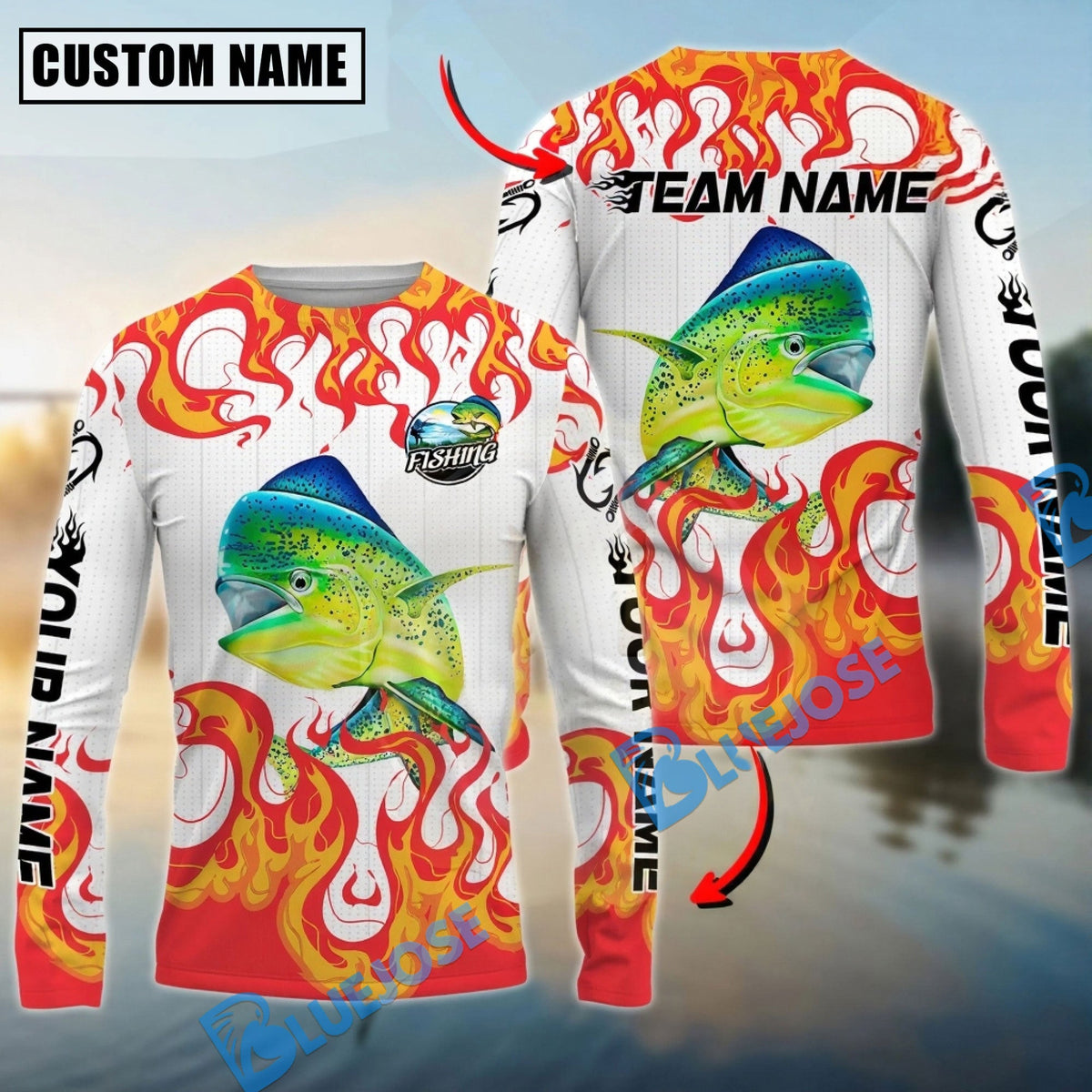 Bluejose Mahi-Mahi Fishing Burning White Custom Name &amp; Team Name 3D Shirts