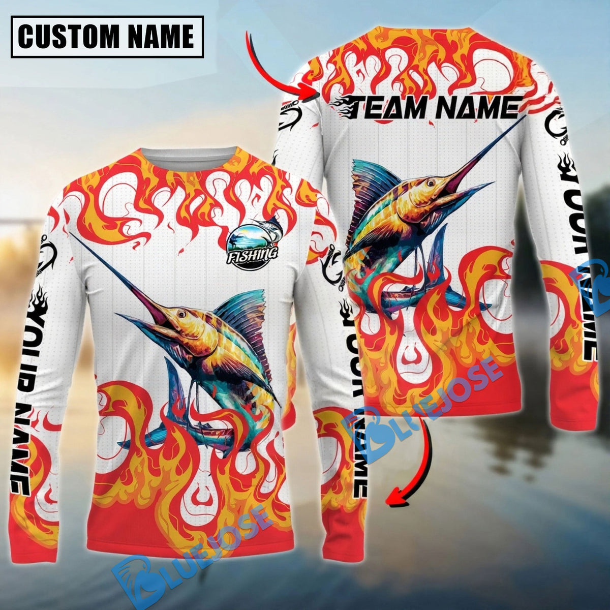 Bluejose Marlin Fishing Burning White Custom Name &amp; Team Name 3D Shirts