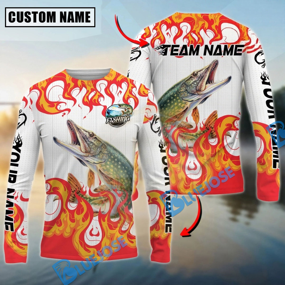 Bluejose Pike Fishing Burning White Custom Name &amp; Team Name 3D Shirts