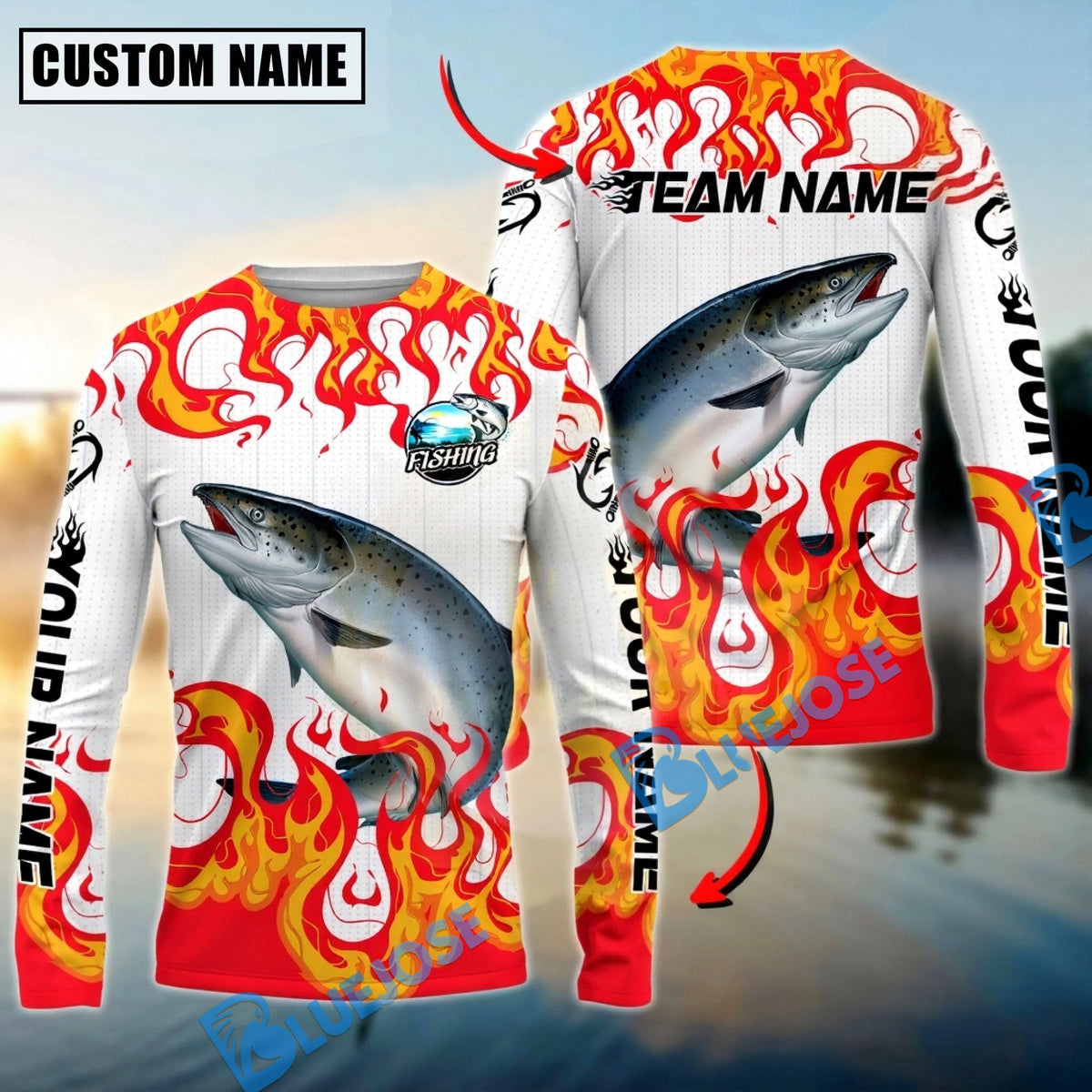 Bluejose Salmon Fishing Burning White Custom Name &amp; Team Name 3D Shirts