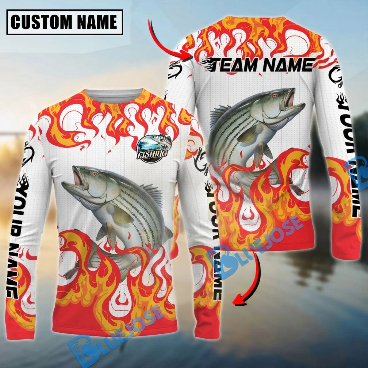 Bluejose Striped Bass Fishing Burning White Custom Name &amp; Team Name 3D Shirts