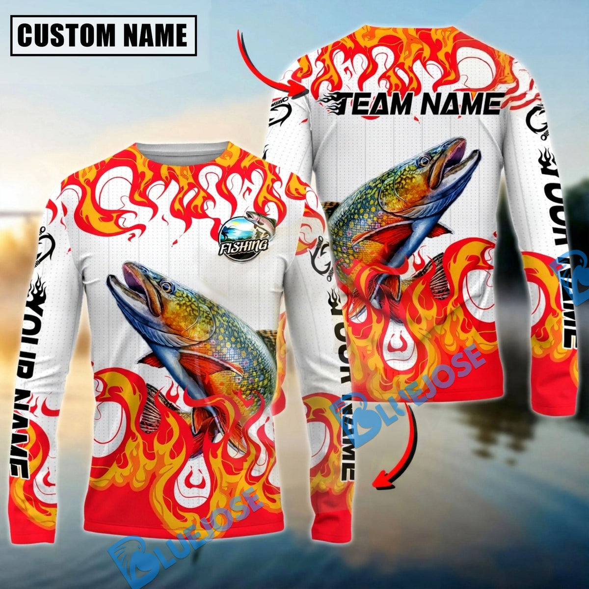 Bluejose Trout Fishing Burning White Custom Name &amp; Team Name 3D Shirts