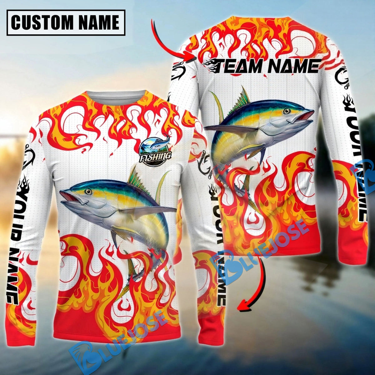 Bluejose Tuna Fishing Burning White Custom Name &amp; Team Name 3D Shirts