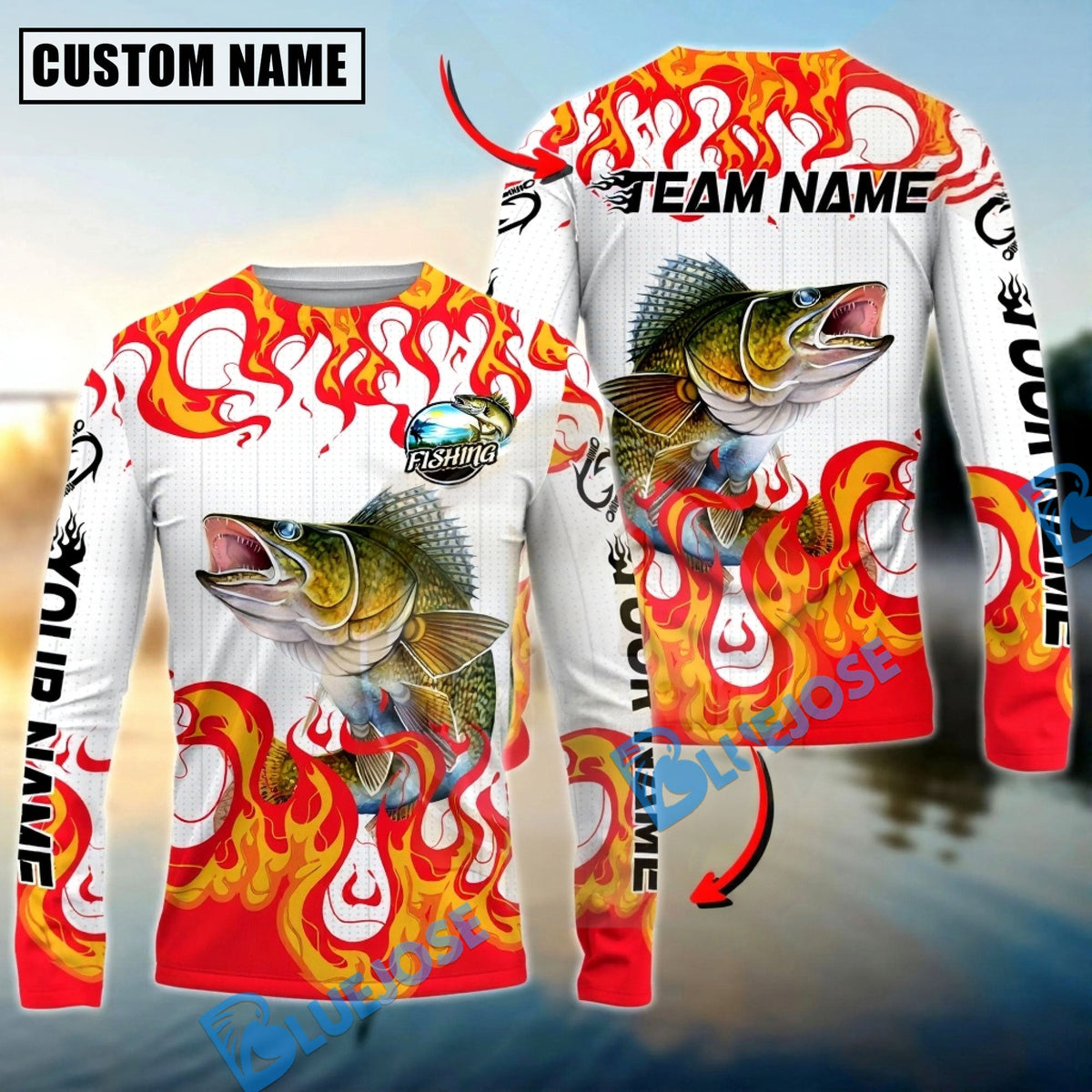 Bluejose Walleye Fishing Burning White Custom Name &amp; Team Name 3D Shirts