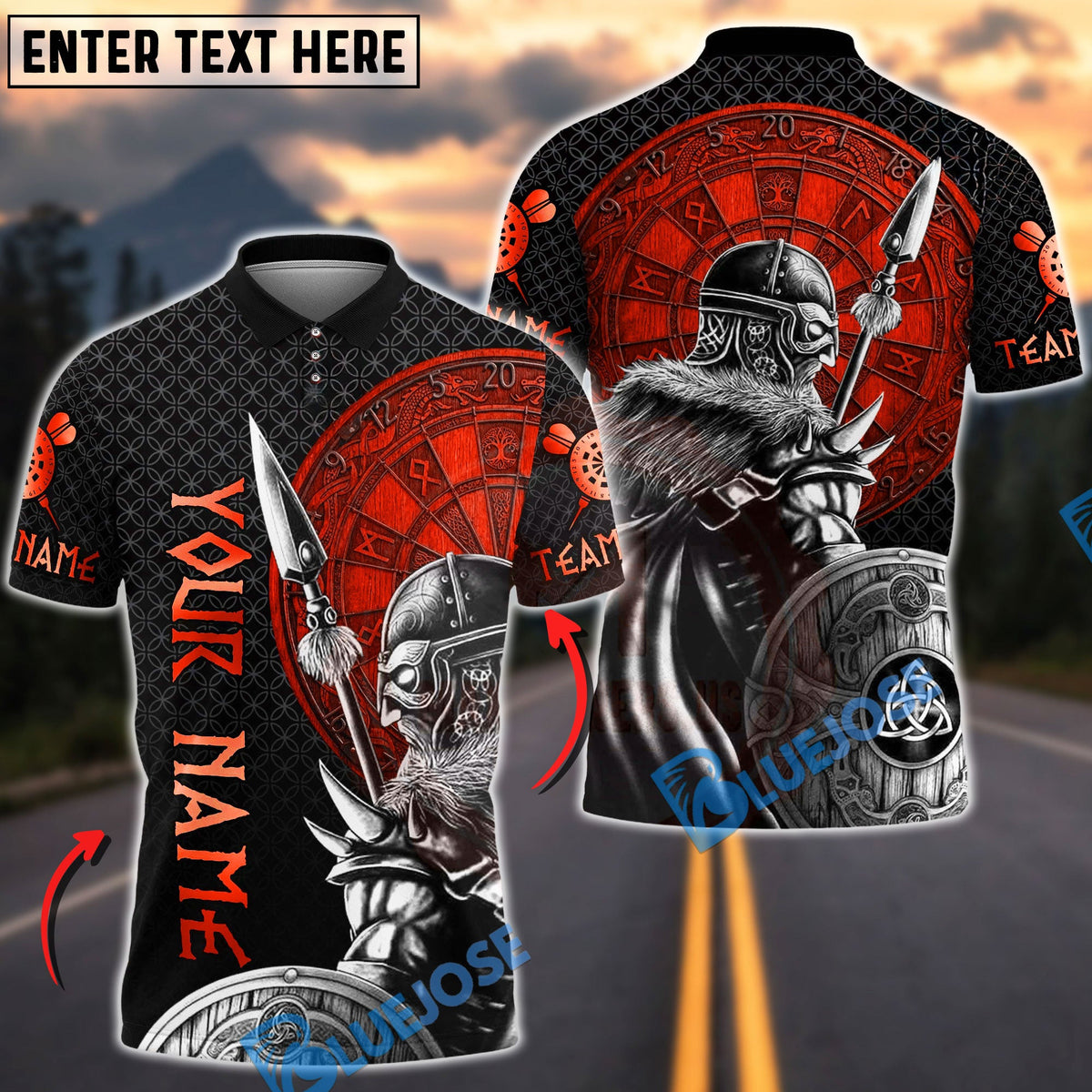 BlueJose Darts Viking Norse Warrior Rune Shield Multicolor Options Personalized Name Shirt (6 Colors)