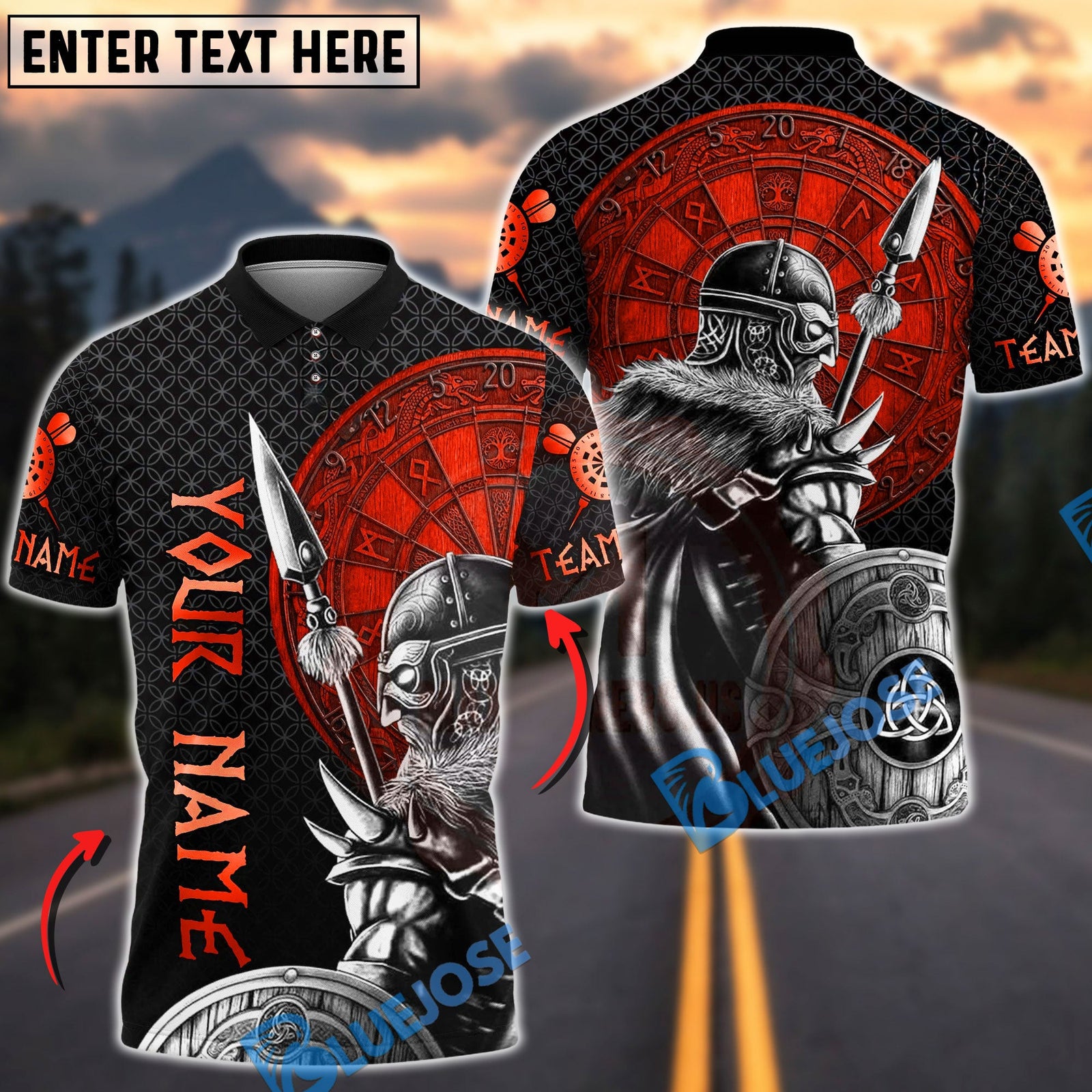 BlueJose Darts Viking Norse Warrior Rune Shield Multicolor Options Personalized Name Shirt (6 Colors)