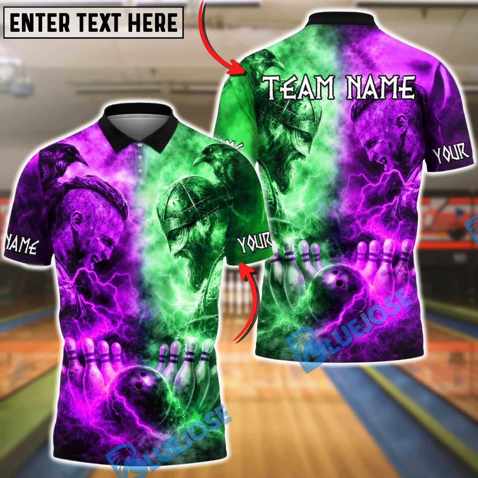 BlueJose Bowling & Pins Viking Battle Lightning Customized Name, Team Name 3D Shirt (4 Colors)