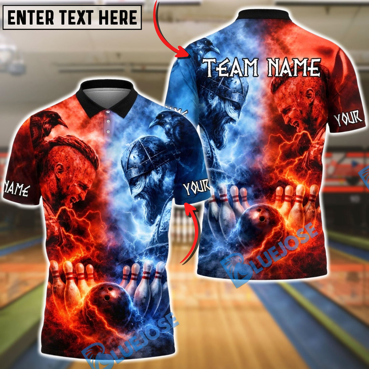 BlueJose Bowling &amp; Pins Viking Battle Lightning Customized Name, Team Name 3D Shirt (4 Colors)