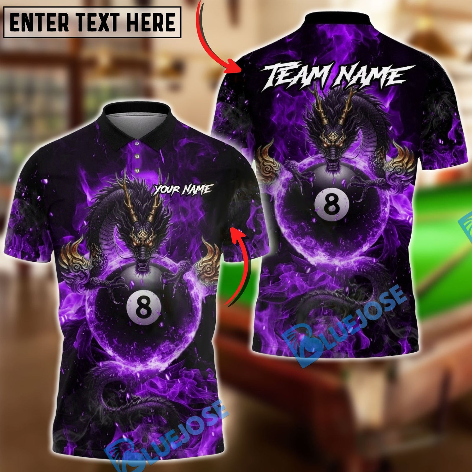 BlueJose Billiards Mystic Dragon Fire Ball 8 Customized Name, Team Name 3D Shirt (6 Colors)