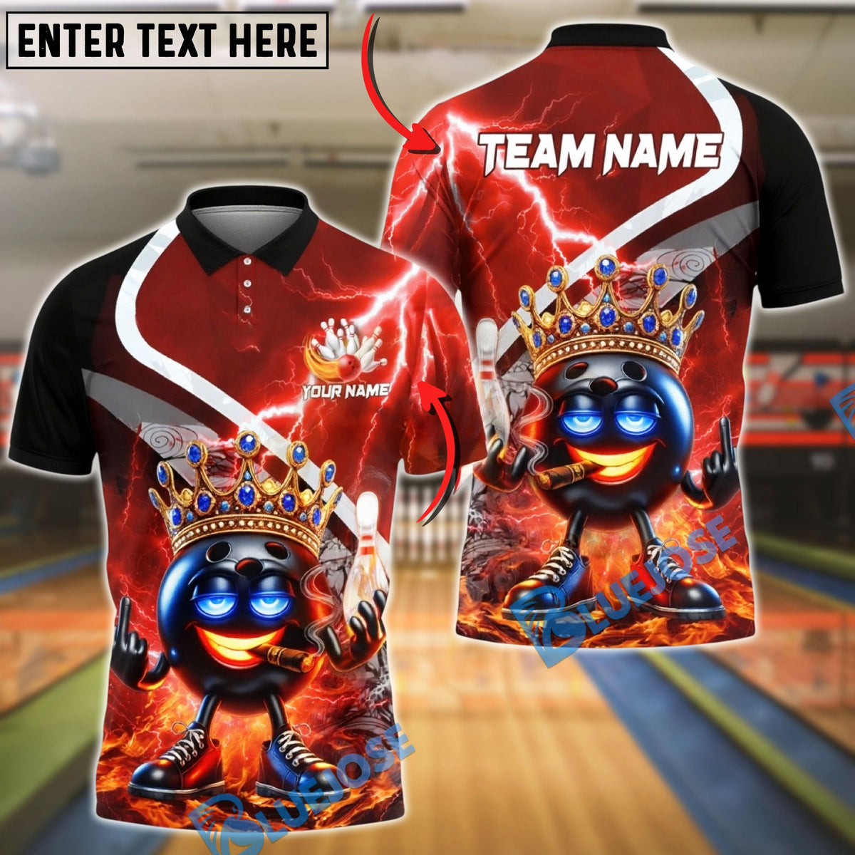 BlueJose Bowling &amp; Pins King Crown Fire Lightning Customized Name, Team Name 3D Shirt (4 Colors)