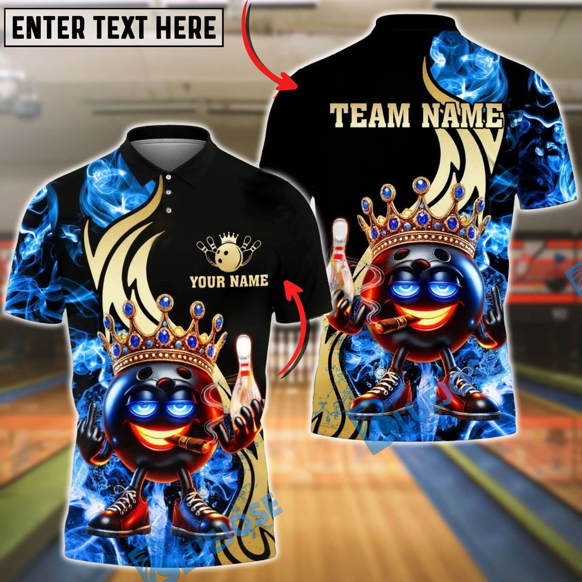 BlueJose Bowling &amp; Pins Royal Fire King Smoke High Customized Name, Team Name 3D Shirt (4 Colors)