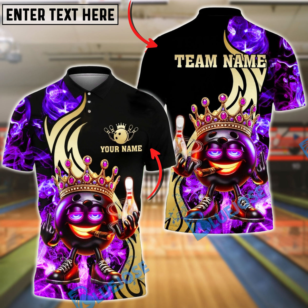 BlueJose Bowling & Pins Royal Fire King Smoke High Customized Name, Team Name 3D Shirt (4 Colors)