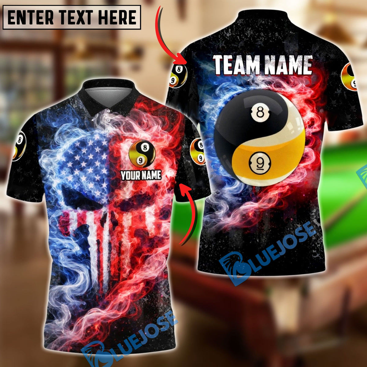 BlueJose Billiards 8 Ball &amp; 9 Ball Yinyang American Flag Smoke Fire Punisher Skull Design Personalized Shirt