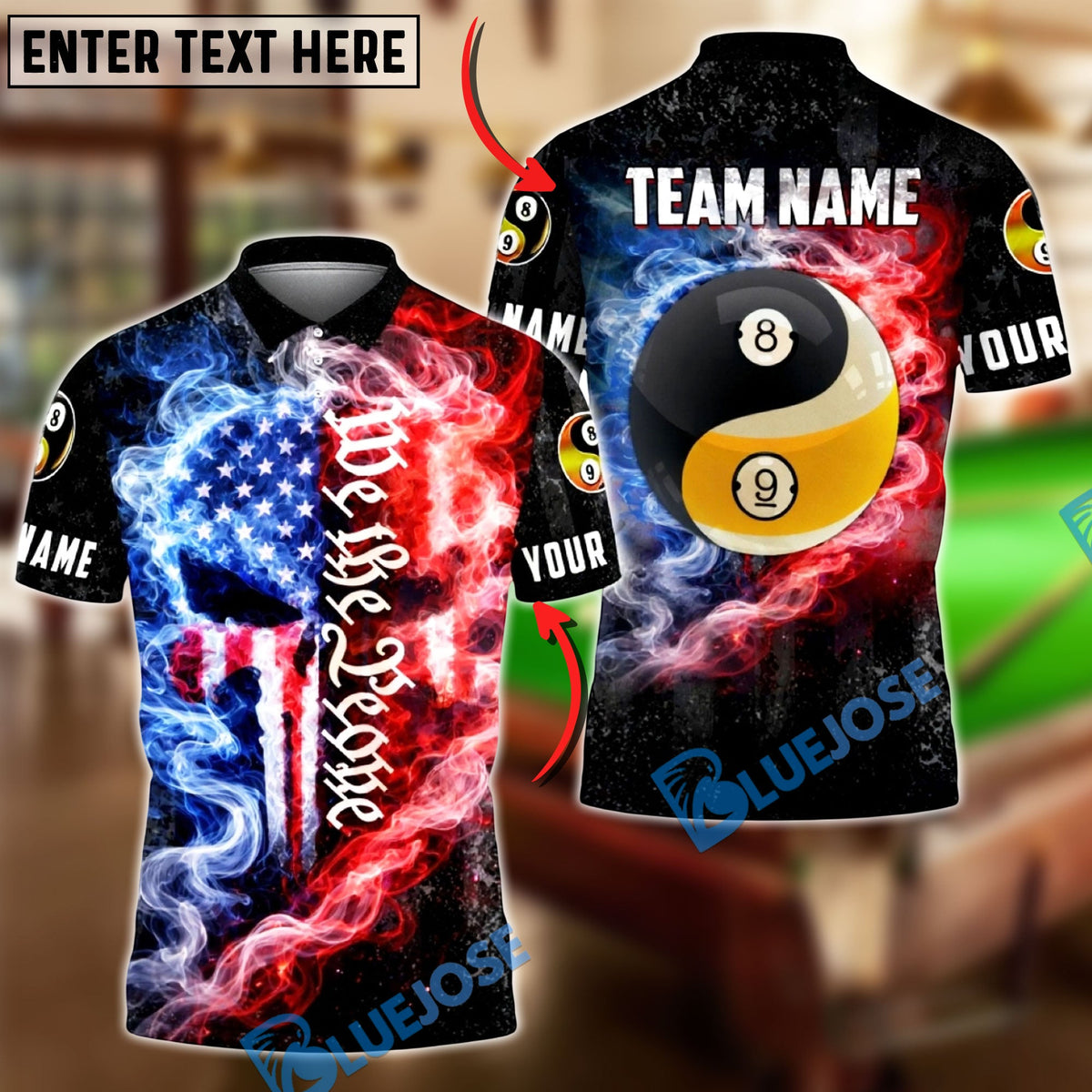 BlueJose Billiards 8 Ball &amp; 9 Ball Yinyang We The People Fire Smoke Punisher Skull Design Personalized Shirt