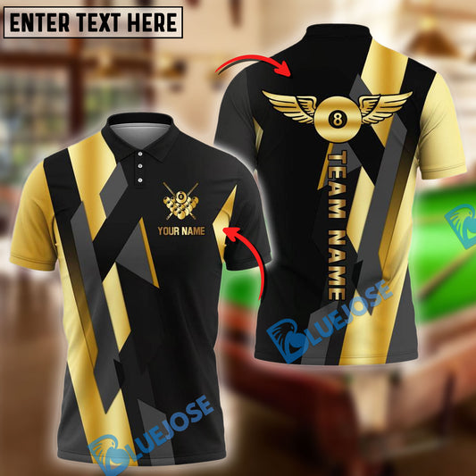 BlueJose Billiards 8-Ball Pool Golden Personalized Name & Team Name Shirt (4 Colors)
