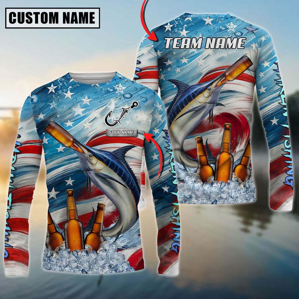 Bluejose Marlin Fishing Beer &amp; Usa Flag Graphic Custom Name &amp; Team Name 3D Shirts
