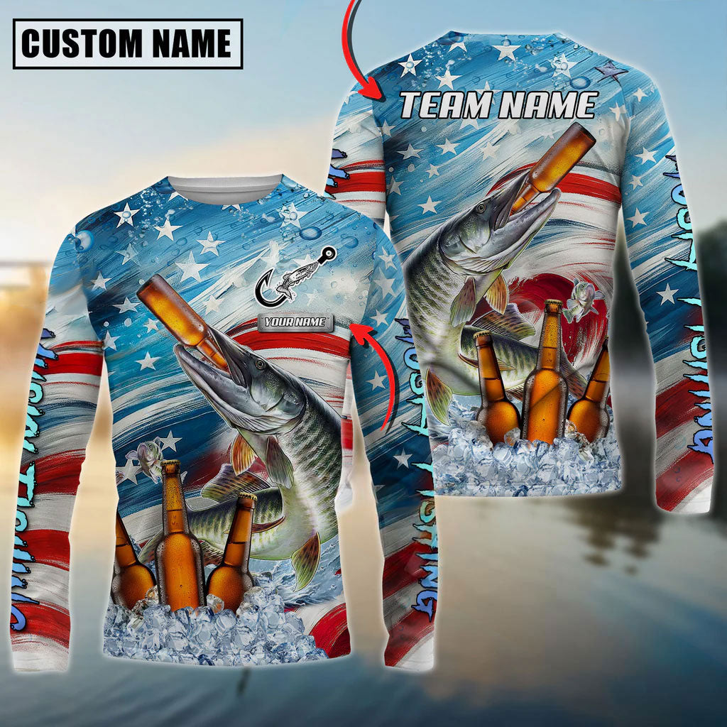 Bluejose Musky Fishing Beer &amp; Usa Flag Graphic Custom Name &amp; Team Name 3D Shirts