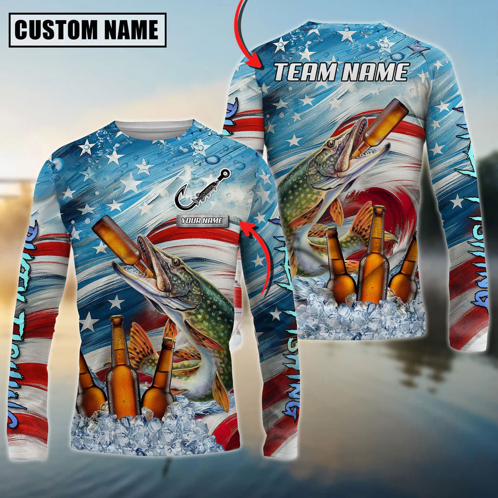 Bluejose Pike Fishing Beer &amp; Usa Flag Graphic Custom Name &amp; Team Name 3D Shirts