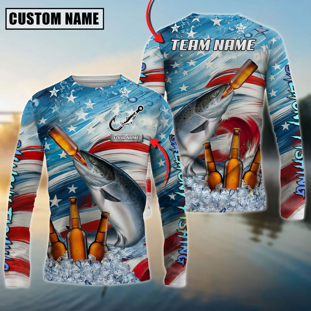 Bluejose Salmon Fishing Beer &amp; Usa Flag Graphic Custom Name &amp; Team Name 3D Shirts
