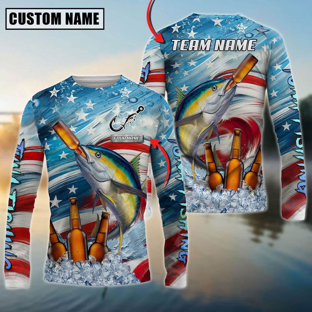 Bluejose Tuna Fishing Beer &amp; Usa Flag Graphic Custom Name &amp; Team Name 3D Shirts