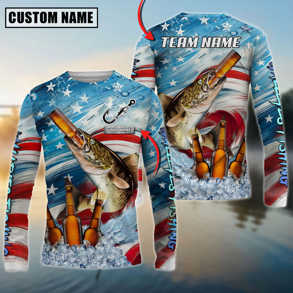 Bluejose Walleye Fishing Beer &amp; Usa Flag Graphic Custom Name &amp; Team Name 3D Shirts