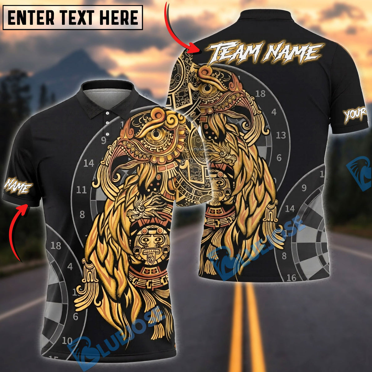 BlueJose Darts Aztec Warrior Personalized Name, Team Name Unisex Shirt (4 Colors)