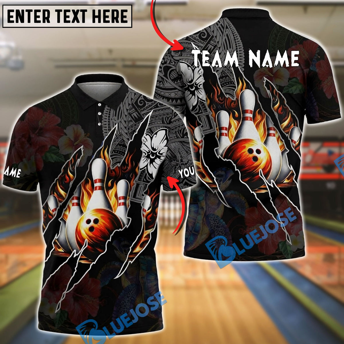 BlueJose Bowling And Pins Polynesian Hibiscus Turtle Customized Name, Team Name 3D Shirt (4 Colors)