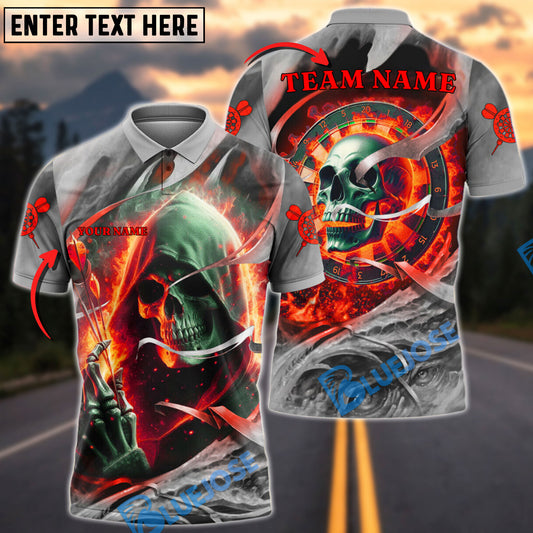 BlueJose Darts Skull Fire Flame Personalized Name, Team Name Shirt (4 Colors)